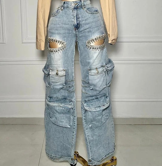 Rhinestone Stretch Cargo Jeans